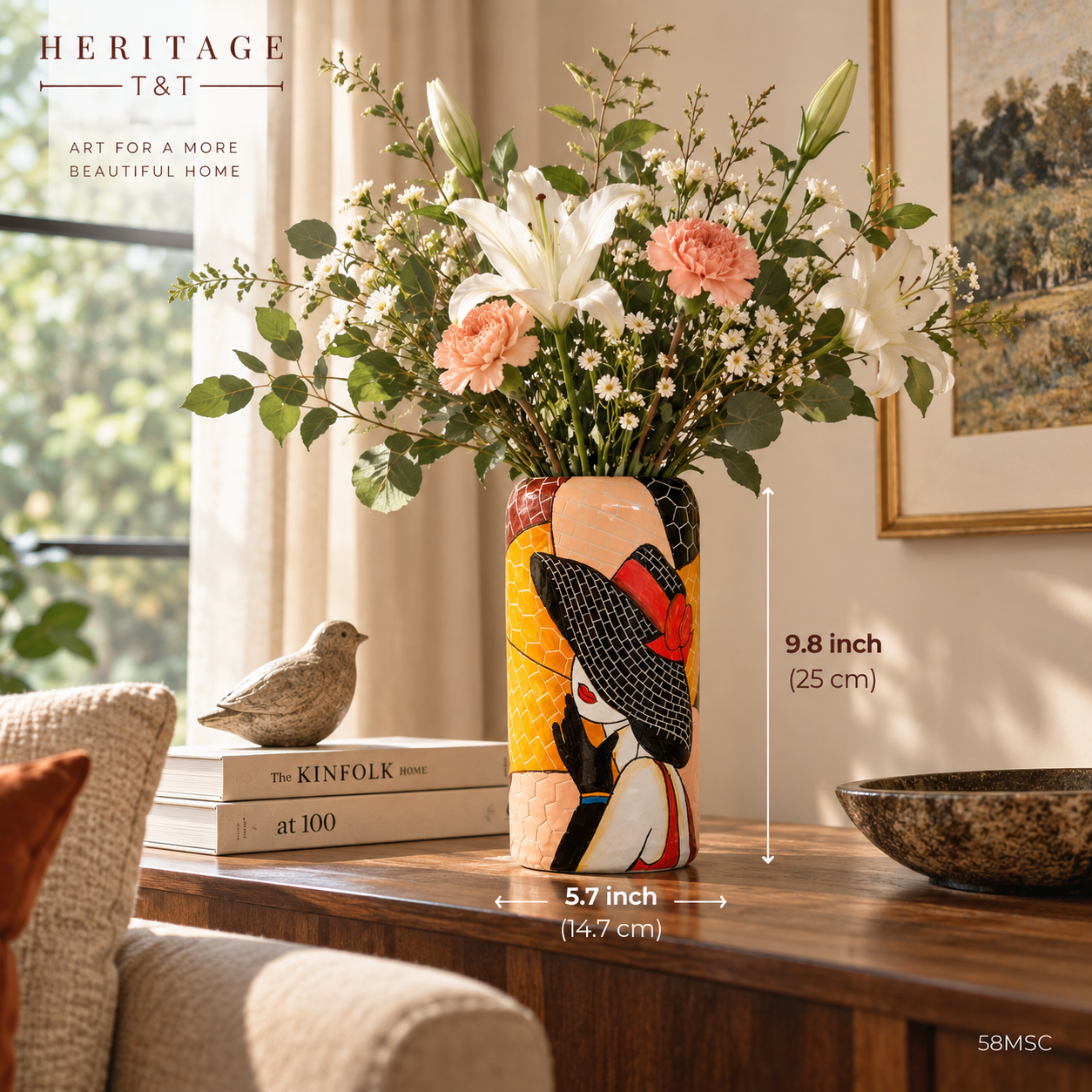 Handmade Mosaic Ceramic Vase – Lady Design – 20 cm (7.9 in) – Home Décor – Heritage T&T Mosaic Collection – Bat Trang Vietnam
