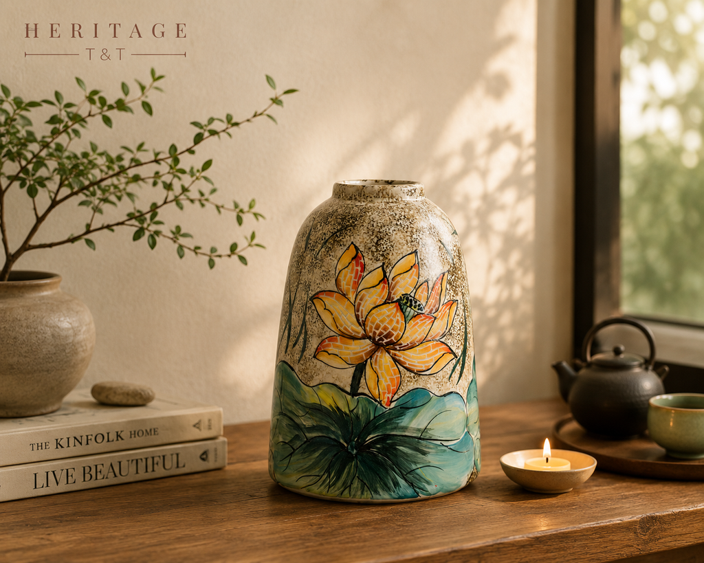 Handmade Mosaic Ceramic Vase – Lotus Design  – 31.5 cm (12.4 in) – Home Décor – Heritage T&T Mosaic Collection – Bat Trang Vietnam