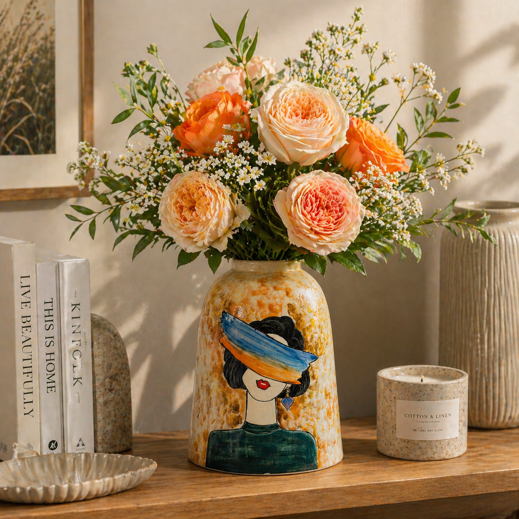 Handmade Mosaic Ceramic Vase – Abstract Lady Face Design – 10.2 in (26 cm) – Bat Trang Vietnam Home Decor