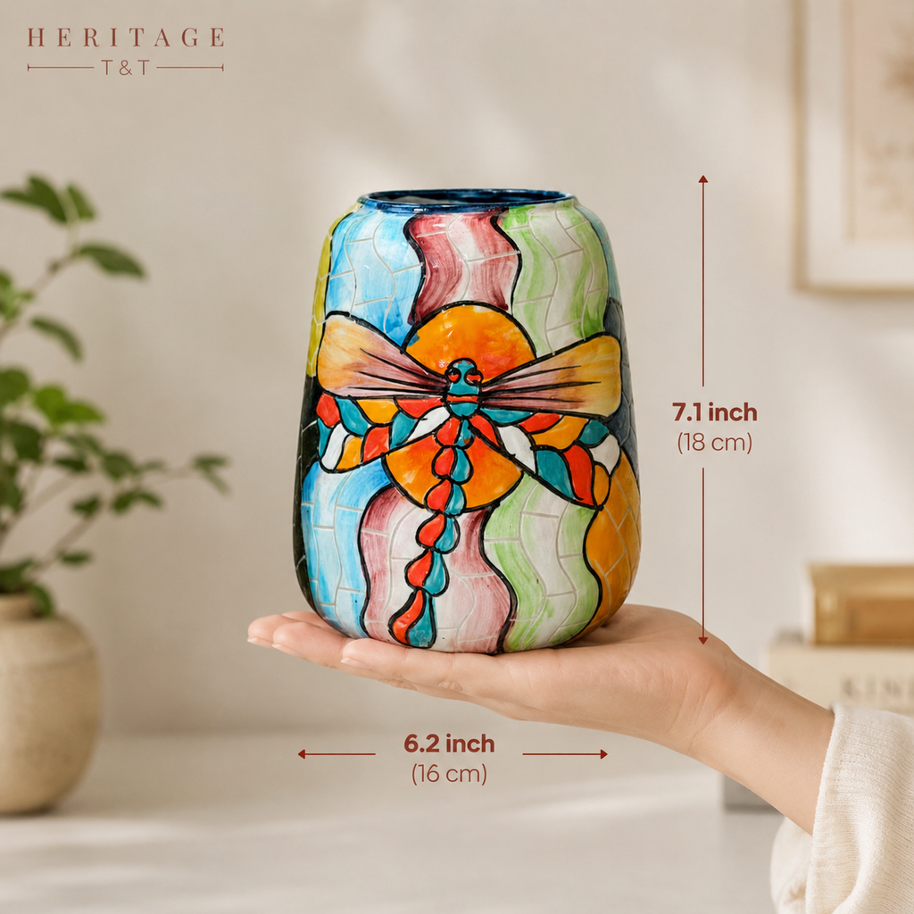 Handmade Mosaic Ceramic Vase – Dragonfly Design  – 18 cm (7.1 in) – Home Décor – Heritage T&T Mosaic Collection – Bat Trang Vietnam