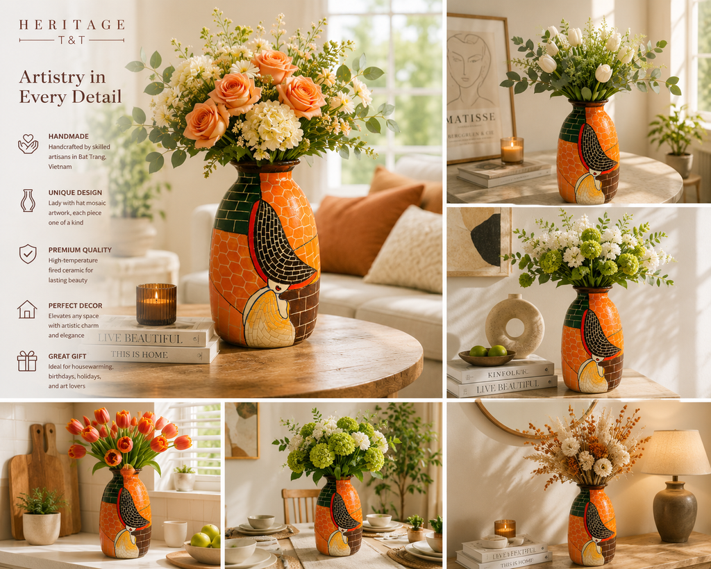 Handmade Mosaic Ceramic Vase – Lady Design  – 27 cm (10.6 in) – Home Décor – Heritage T&T Mosaic Collection – Bat Trang Vietnam