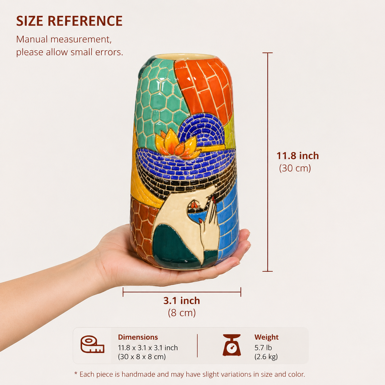 Handmade Mosaic Ceramic Vase – Lady Design  – 30 cm (11.8 in) – Home Décor – Heritage T&T Mosaic Collection – Bat Trang Vietnam