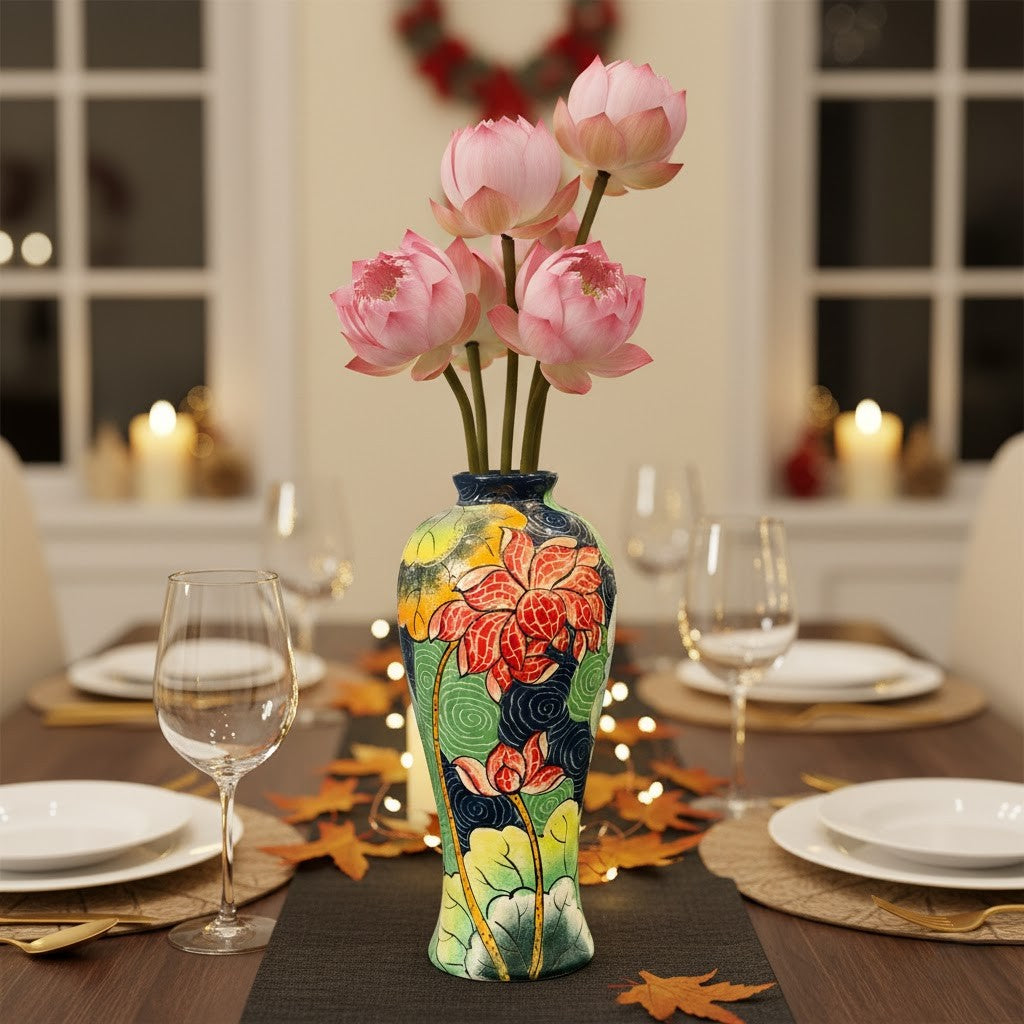 Handmade Mosaic Ceramic Vase – Lotus Design  – 36.5 cm (14.4 in) – Home Décor – Heritage T&T Mosaic Collection – Bat Trang Vietnam