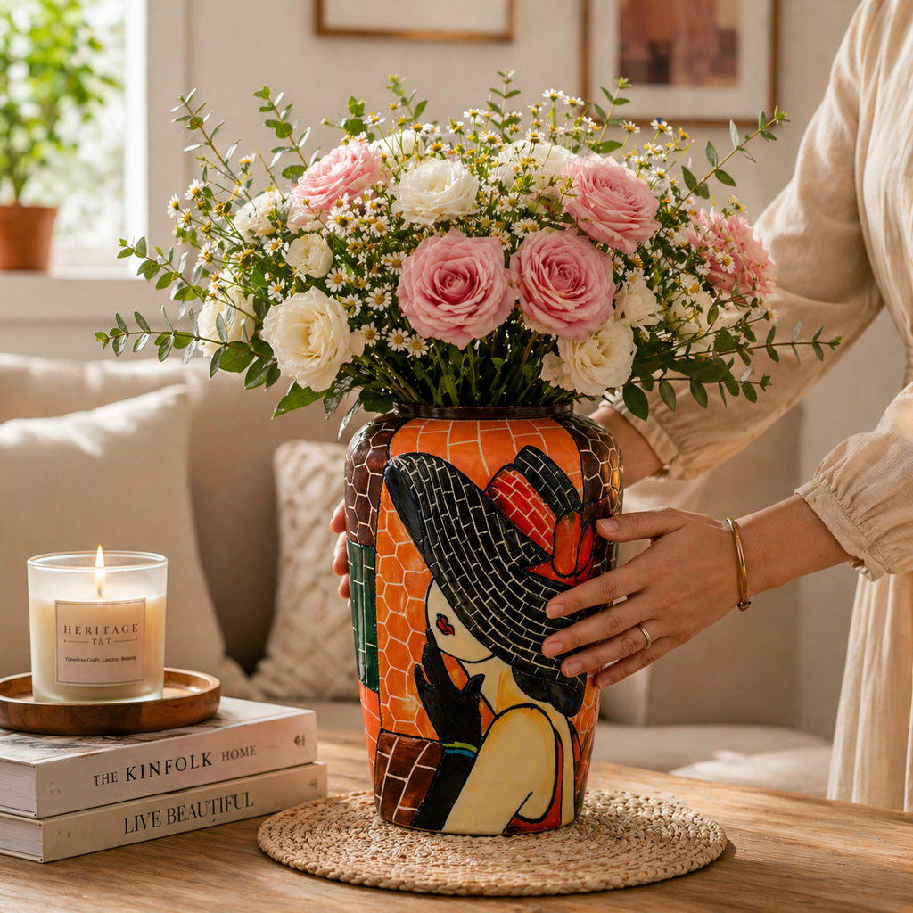 Handmade Mosaic Ceramic Vase – Lady Design  – 28 cm (11 in) – Home Décor – Heritage T&T Mosaic Collection – Bat Trang Vietnam
