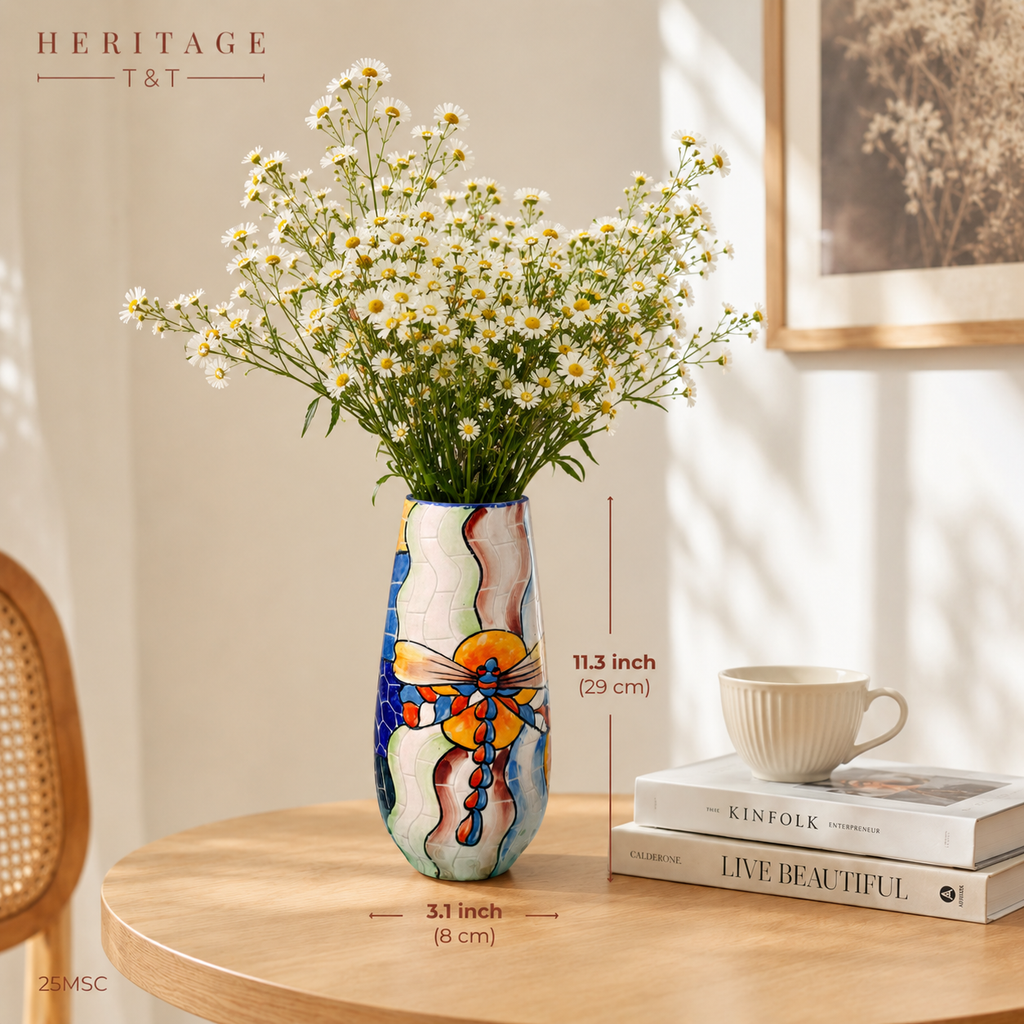 Handmade Mosaic Ceramic Vase – Dragonfly Design  – 29 cm (11.4 in) – Home Décor – Heritage T&T Mosaic Collection – Bat Trang Vietnam