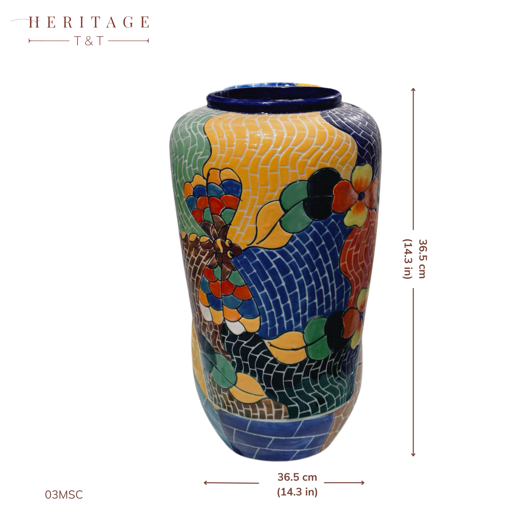 Handmade Mosaic Ceramic Vase – Dragonfly Design  – 28 cm (11 in) – Home Décor – Heritage T&T Mosaic Collection – Bat Trang Vietnam