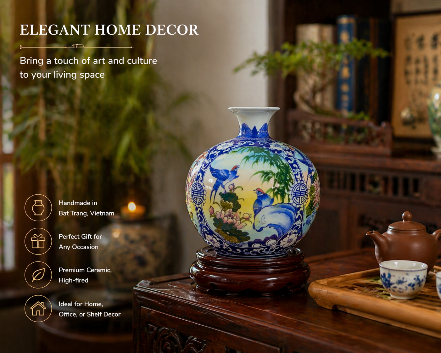 Handmade Ceramic Vase – Tai Loc Design  – 25 cm (9.8 in) – Home Décor – Heritage T&T  – Bat Trang Vietnam
