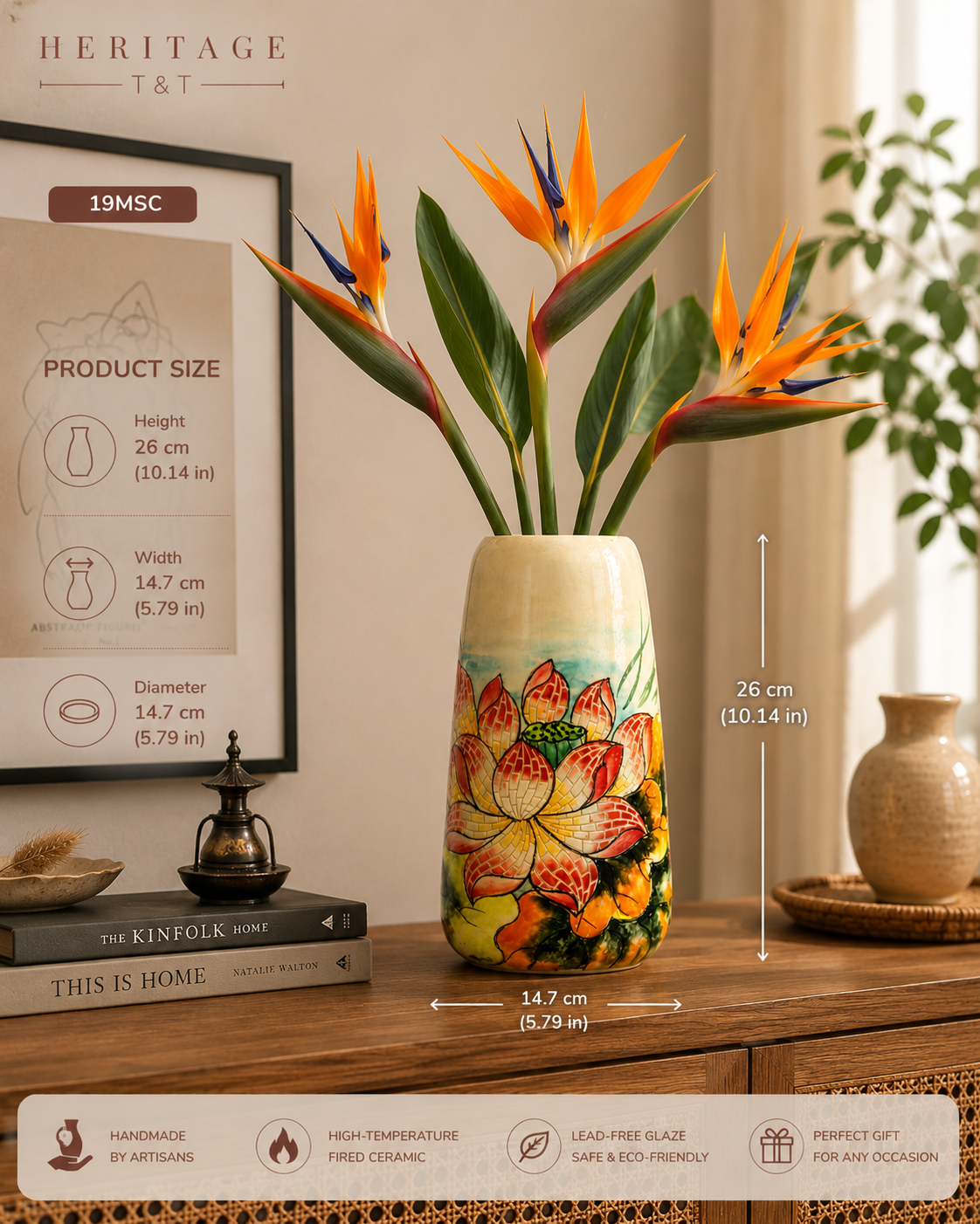 Handmade Mosaic Ceramic Vase – Lotus Design  – 26 cm (10.2 in) – Home Décor – Heritage T&T Mosaic Collection – Bat Trang Vietnam
