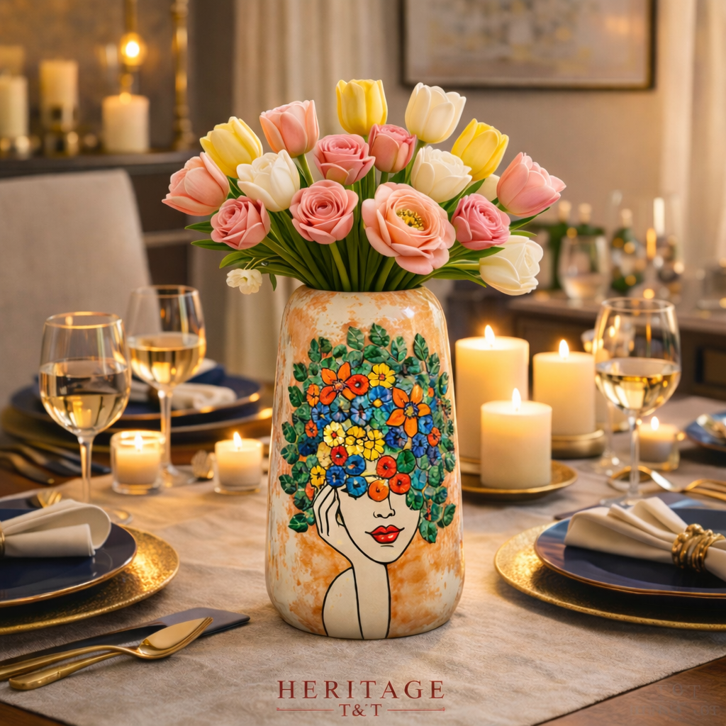 Handmade Mosaic Ceramic Vase – Lady Design  – 26 cm (10.2 in) – Home Décor – Heritage T&T Mosaic Collection – Bat Trang Vietnam