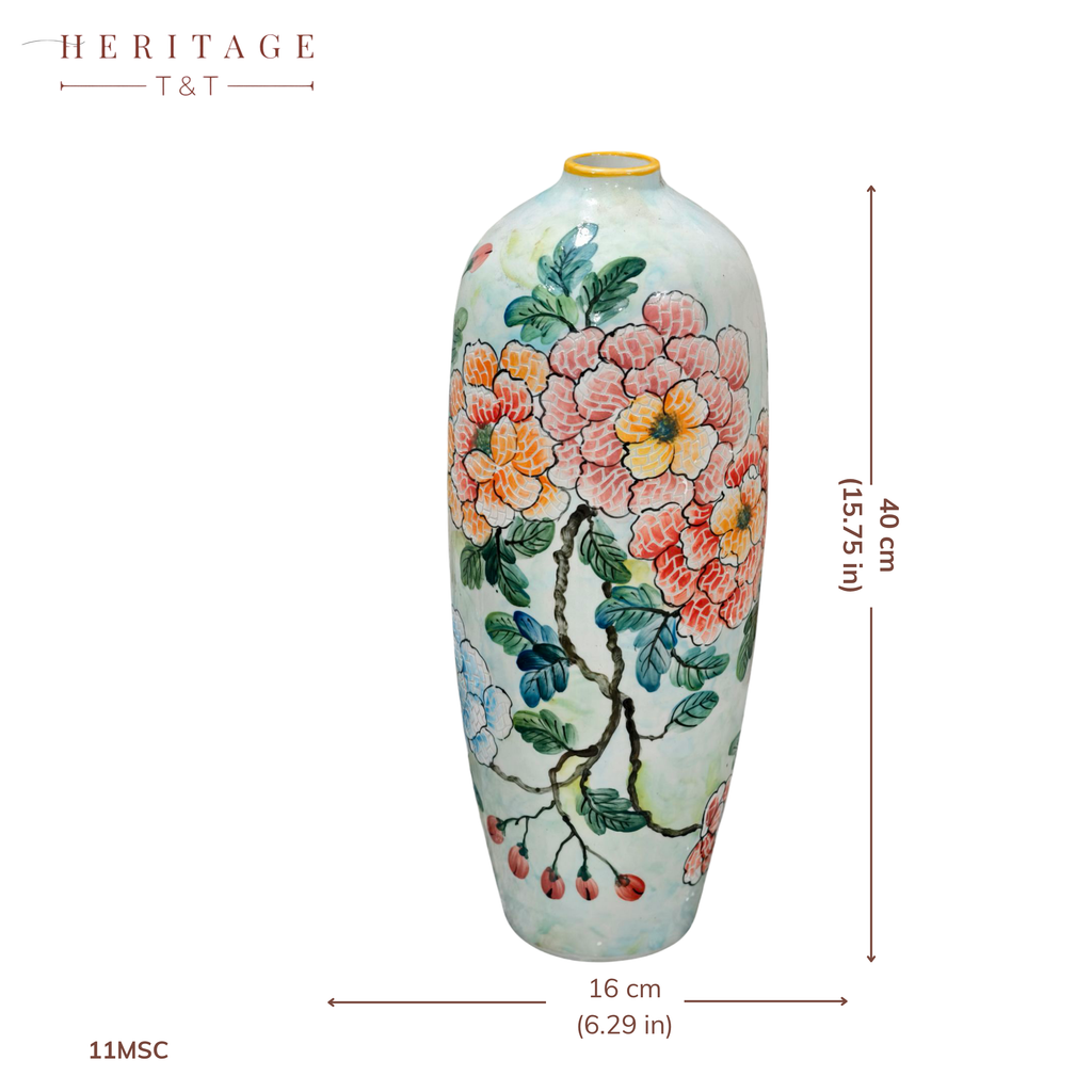 Handmade Mosaic Ceramic Vase – Flower Design  – 40 cm (15.7 in) – Home Décor – Heritage T&T Mosaic Collection – Bat Trang Vietnam