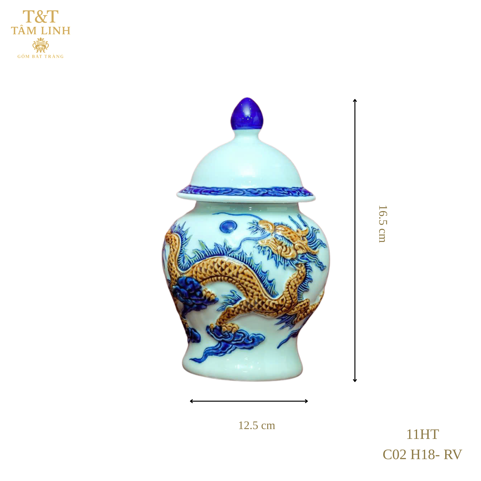 Heritage T&T Dragon Ritual Water Jar Altar Tâm An – Handcrafted Bat Trang Ceramics – 1 Pc