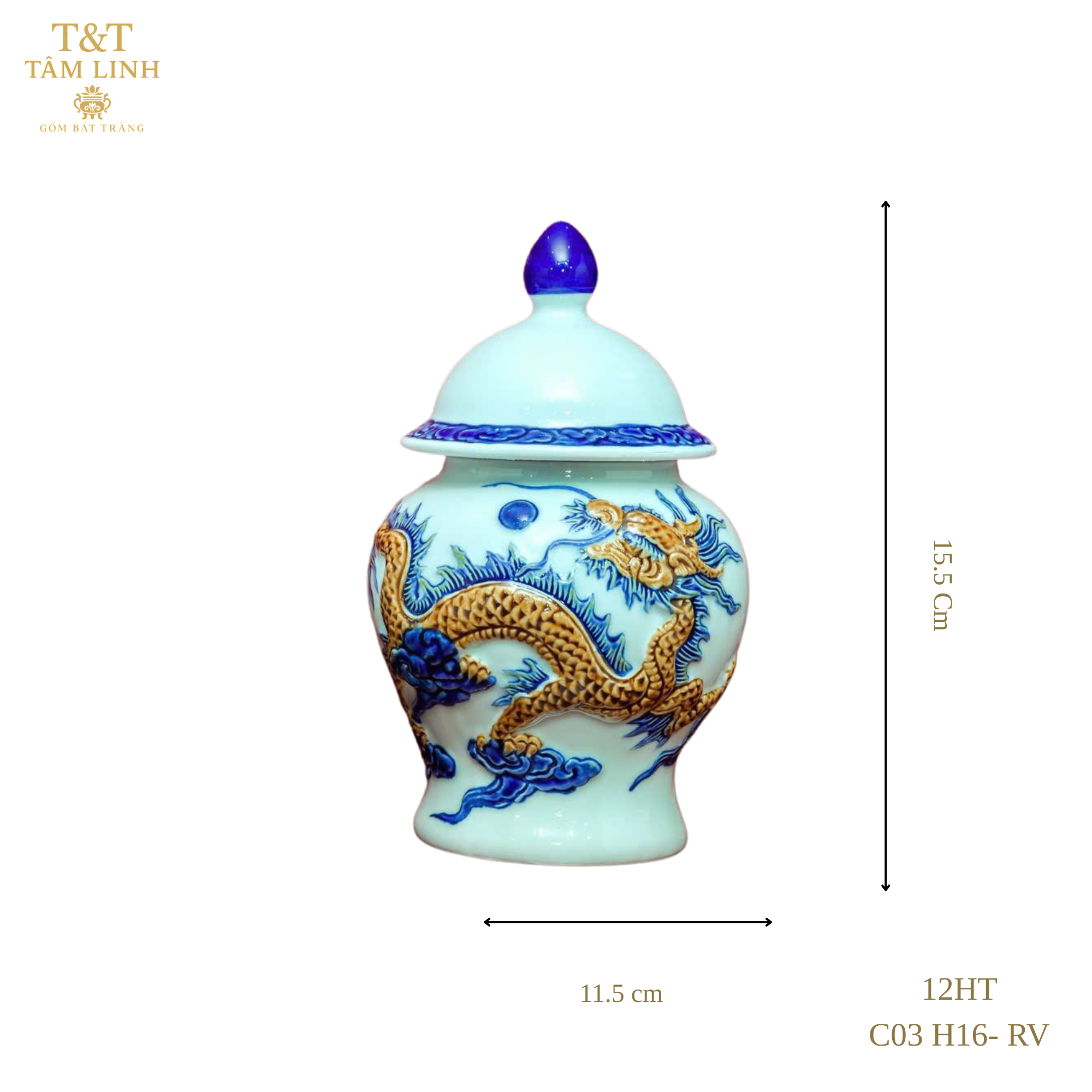 Heritage T&T Dragon Ritual Water Jar Altar Tâm An – Handcrafted Bat Trang Ceramics – 1 Pc