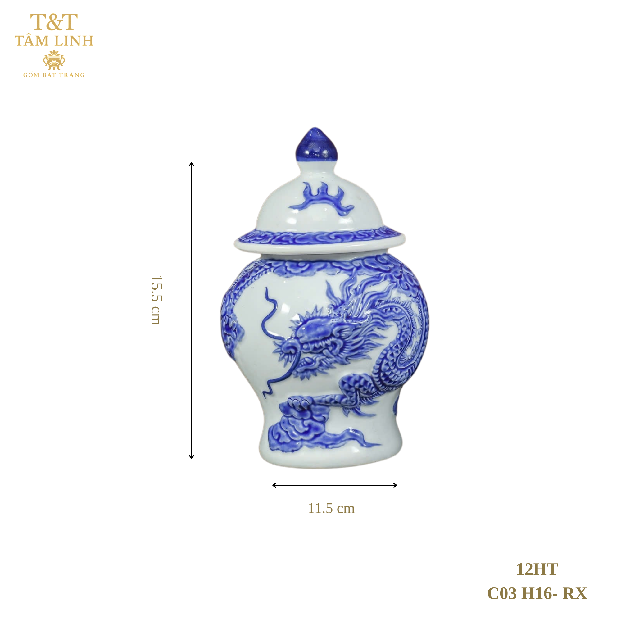 Heritage T&T Dragon Ritual Water Jar Altar Tâm An – Handcrafted Bat Trang Ceramics – 1 Pc