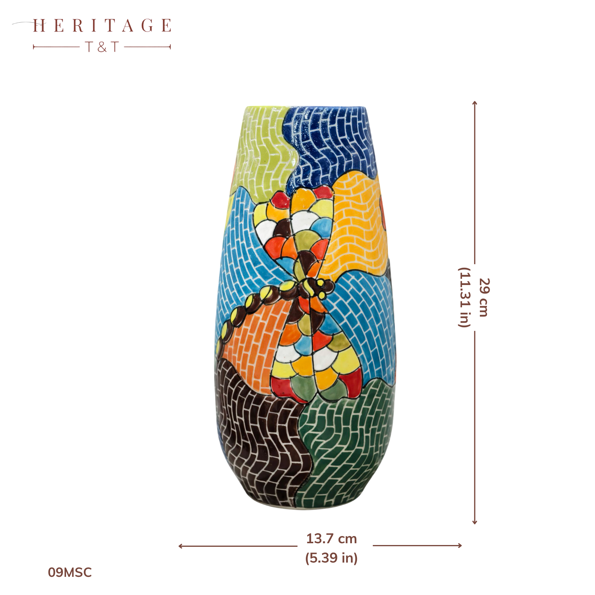 Handmade Mosaic Ceramic Vase – Dragonfly Design  – 29 cm (11.4 in) – Home Décor – Heritage T&T Mosaic Collection – Bat Trang Vietnam