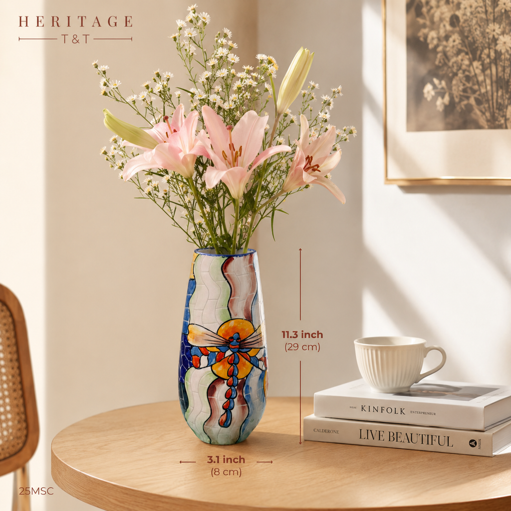Handmade Mosaic Ceramic Vase – Dragonfly Design  – 29 cm (11.4 in) – Home Décor – Heritage T&T Mosaic Collection – Bat Trang Vietnam