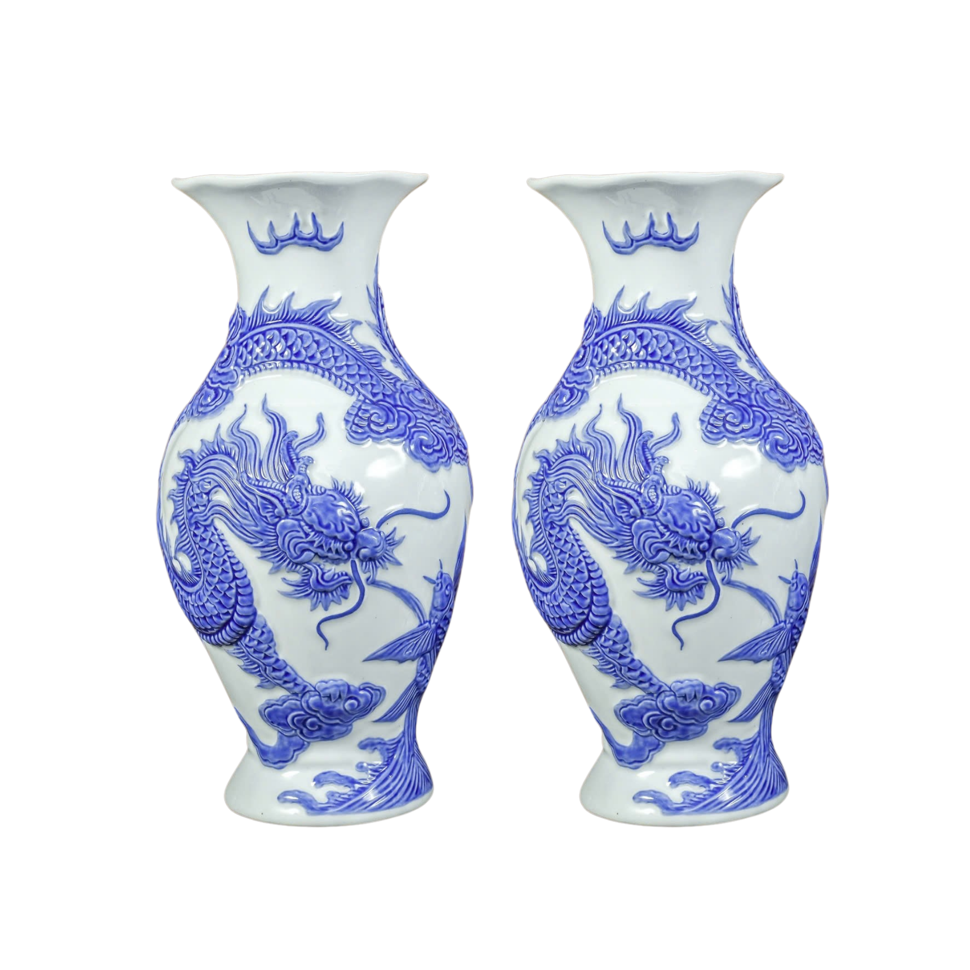 Heritage T&T Dragon Flower Vase Altar Tâm An blue Glaze  – 1 Pair – Bat Trang Handmade Vietnam (Copy)