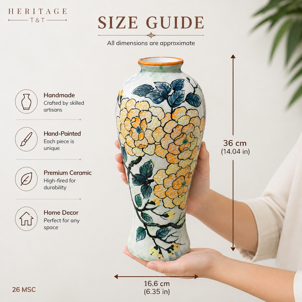 Handmade Mosaic Ceramic Vase – Flower Design  – 36 cm (14.2 in) – Home Décor – Heritage T&T Mosaic Collection – Bat Trang Vietnam