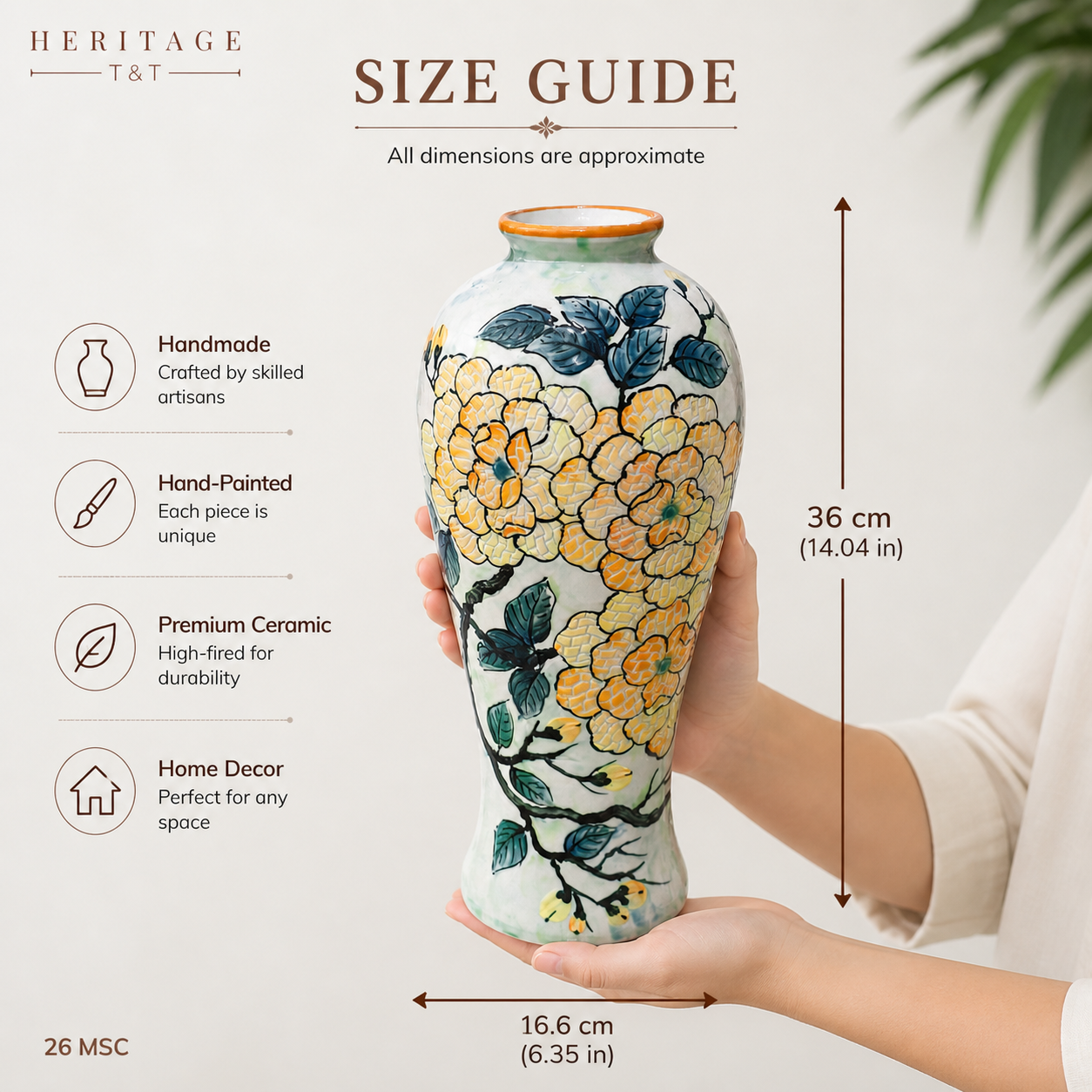 Handmade Mosaic Ceramic Vase – Flower Design  – 36 cm (14.2 in) – Home Décor – Heritage T&T Mosaic Collection – Bat Trang Vietnam