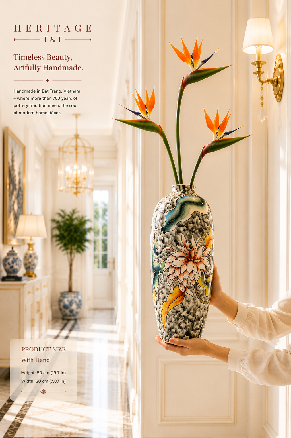 Handmade Mosaic Ceramic Vase – Artisan Design  – 40 cm (15.7 in) – Home Décor – Heritage T&T 3D Collection – Bat Trang Vietnam