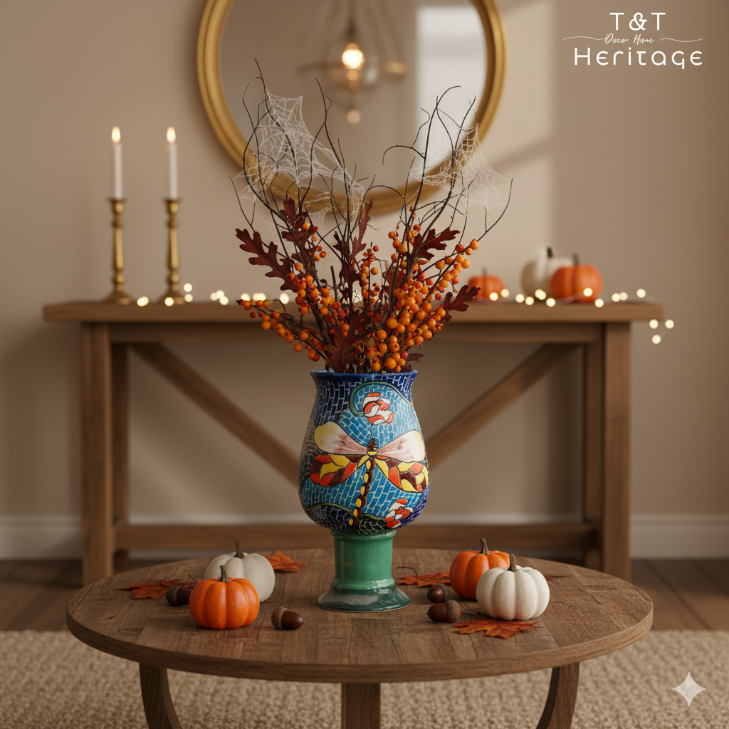 Handmade Mosaic Ceramic Vase – Dragonfly Design  – 28 cm (11 in) – Home Décor – Heritage T&T Mosaic Collection – Bat Trang Vietnam