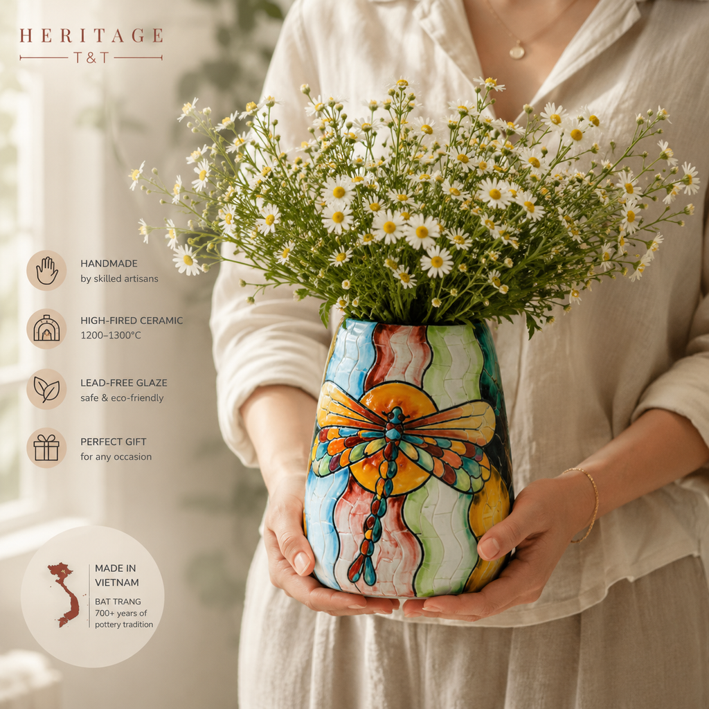 Handmade Mosaic Ceramic Vase – Dragonfly Design  – 22 cm (8.7 in) – Home Décor – Heritage T&T Mosaic Collection – Bat Trang Vietnam