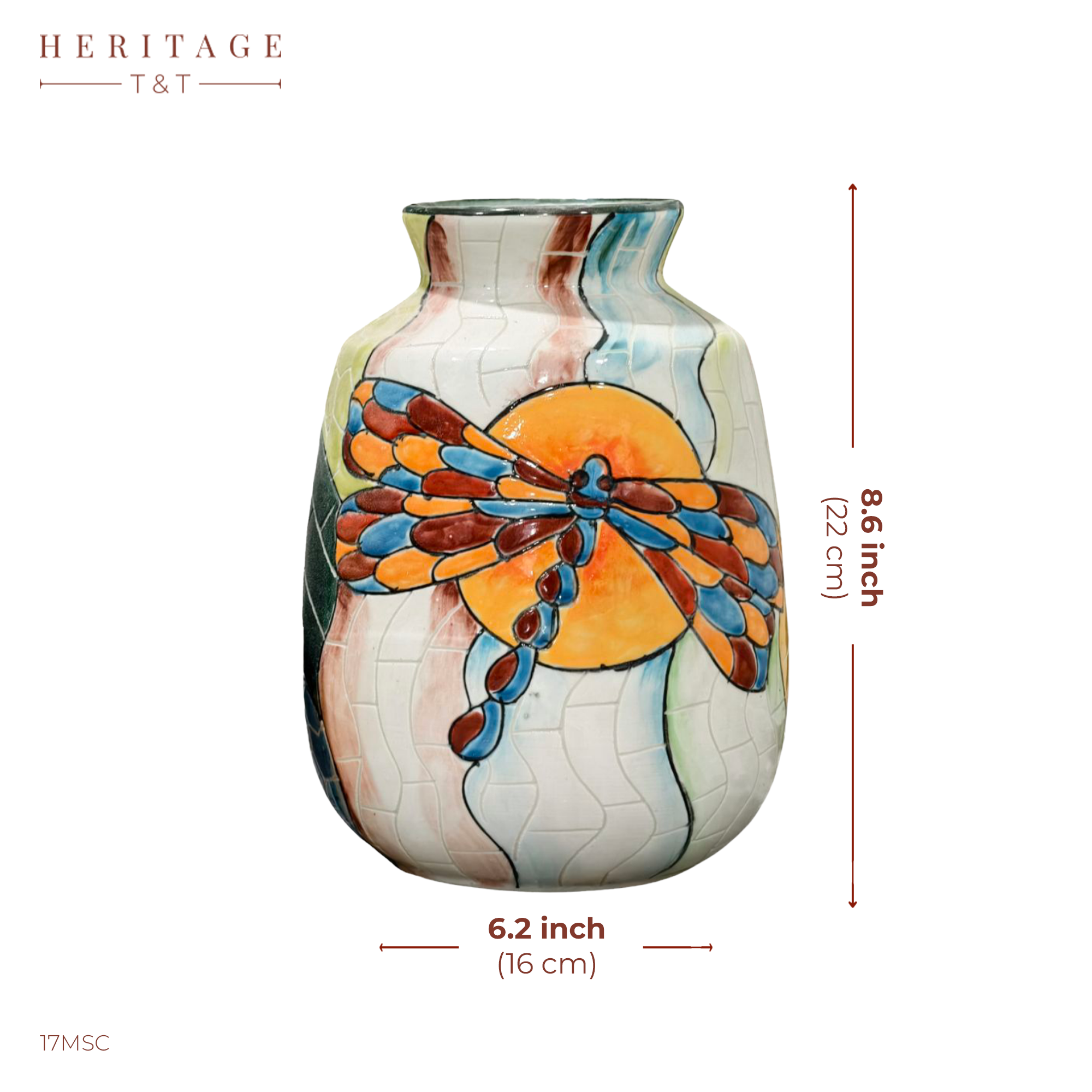 Handmade Mosaic Ceramic Vase – Dragonfly Design  – 22 cm (8.7 in) – Home Décor – Heritage T&T Mosaic Collection – Bat Trang Vietnam