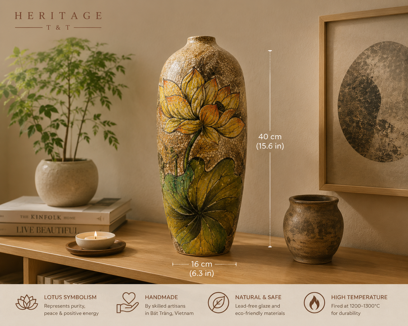 Handmade Mosaic Ceramic Vase – Lotus Design  – 40 cm (15.7 in) – Home Décor – Heritage T&T Mosaic Collection – Bat Trang Vietnam