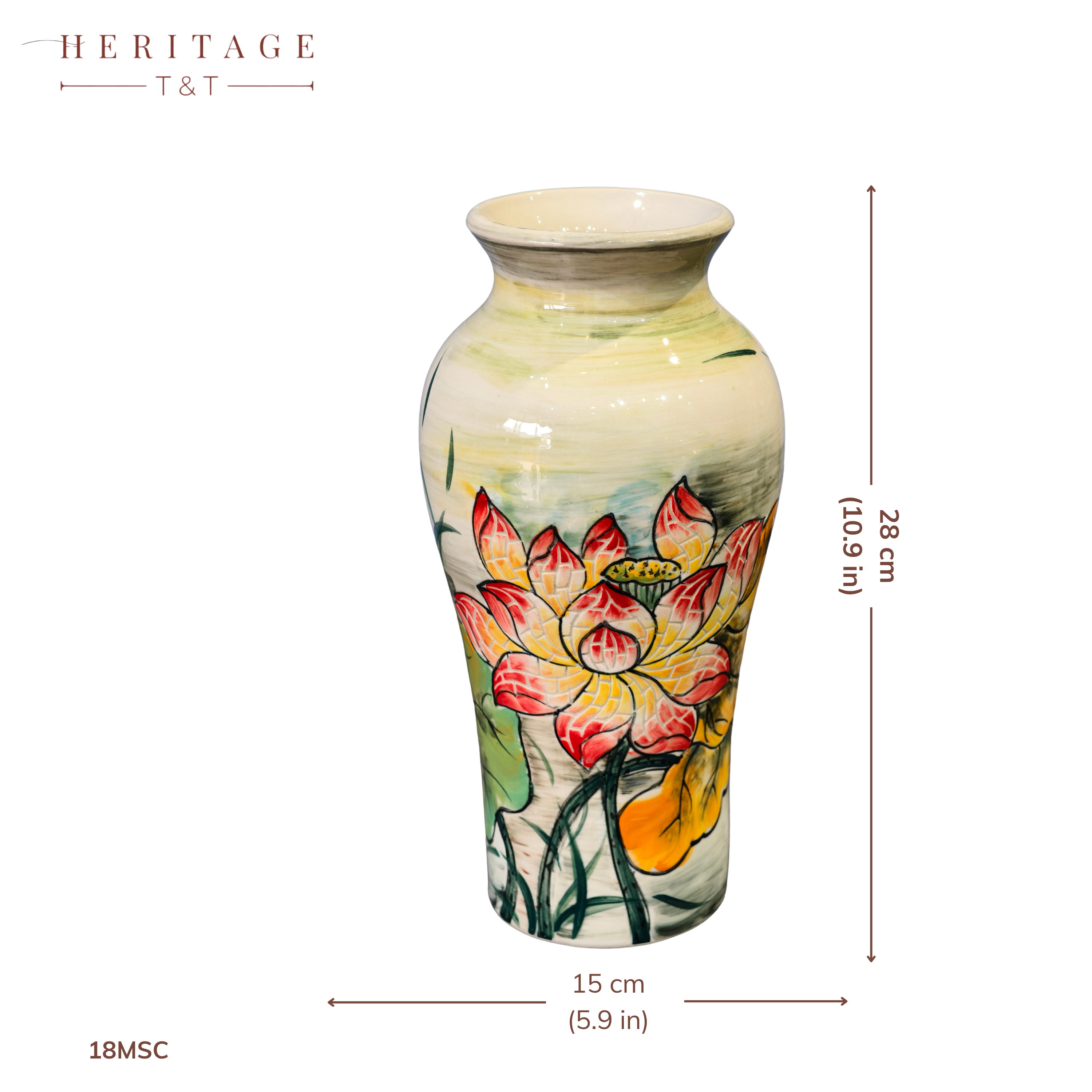 Handmade Mosaic Ceramic Vase – Lotus Design  – 28 cm (11 in) – Home Décor – Heritage T&T Mosaic Collection – Bat Trang Vietnam