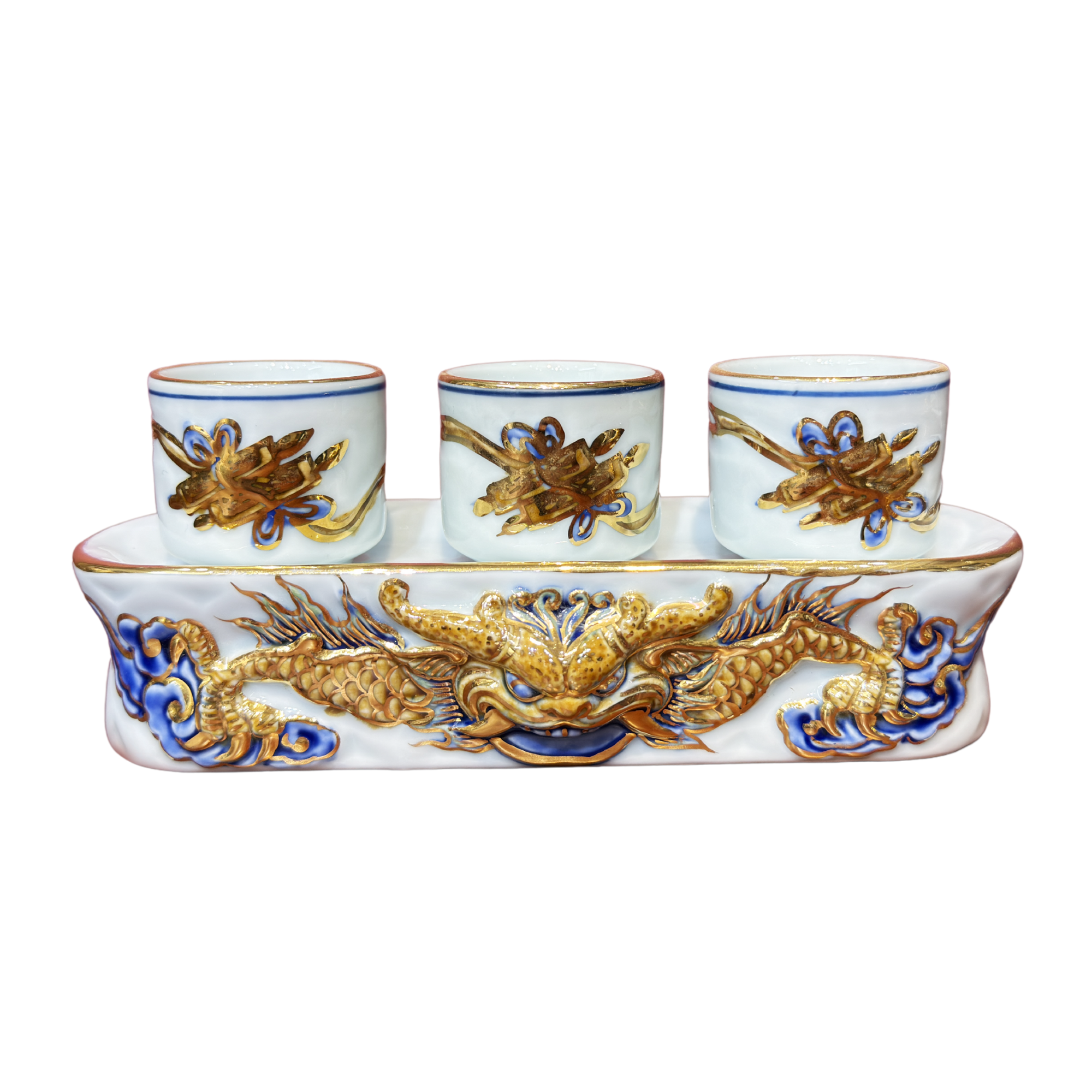 Heritage T&T Ritual Cup Stand Set Altar Tâm An Hand-Painted Golden Motif  – 1 Set – Bat Trang Handmade Vietnam
