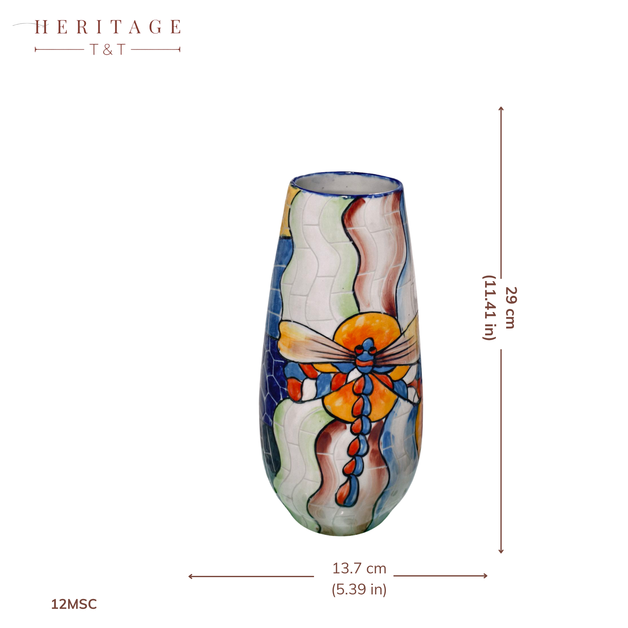 Handmade Mosaic Ceramic Vase – Dragonfly Design  – 29 cm (11.4 in) – Home Décor – Heritage T&T Mosaic Collection – Bat Trang Vietnam