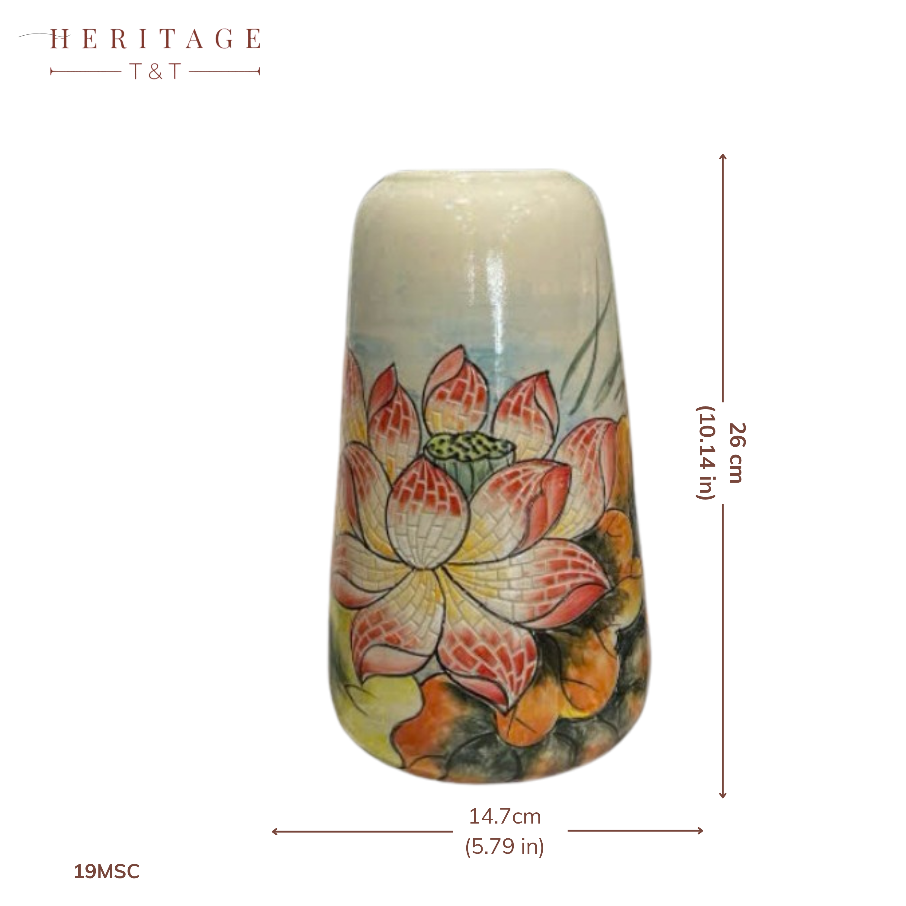 Handmade Mosaic Ceramic Vase – Lotus Design  – 26 cm (10.2 in) – Home Décor – Heritage T&T Mosaic Collection – Bat Trang Vietnam