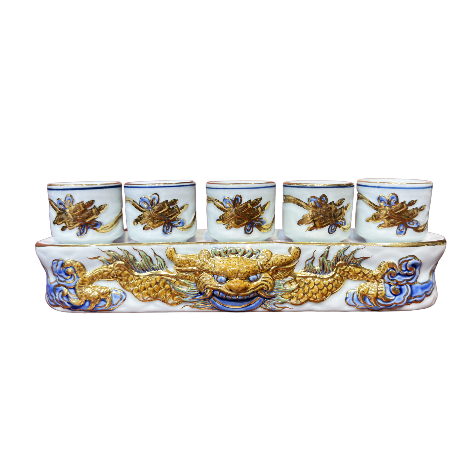 Heritage T&T Ritual Cup Stand Set Altar Tâm An Hand-Painted Golden Motif  – 1 Set – Bat Trang Handmade Vietnam