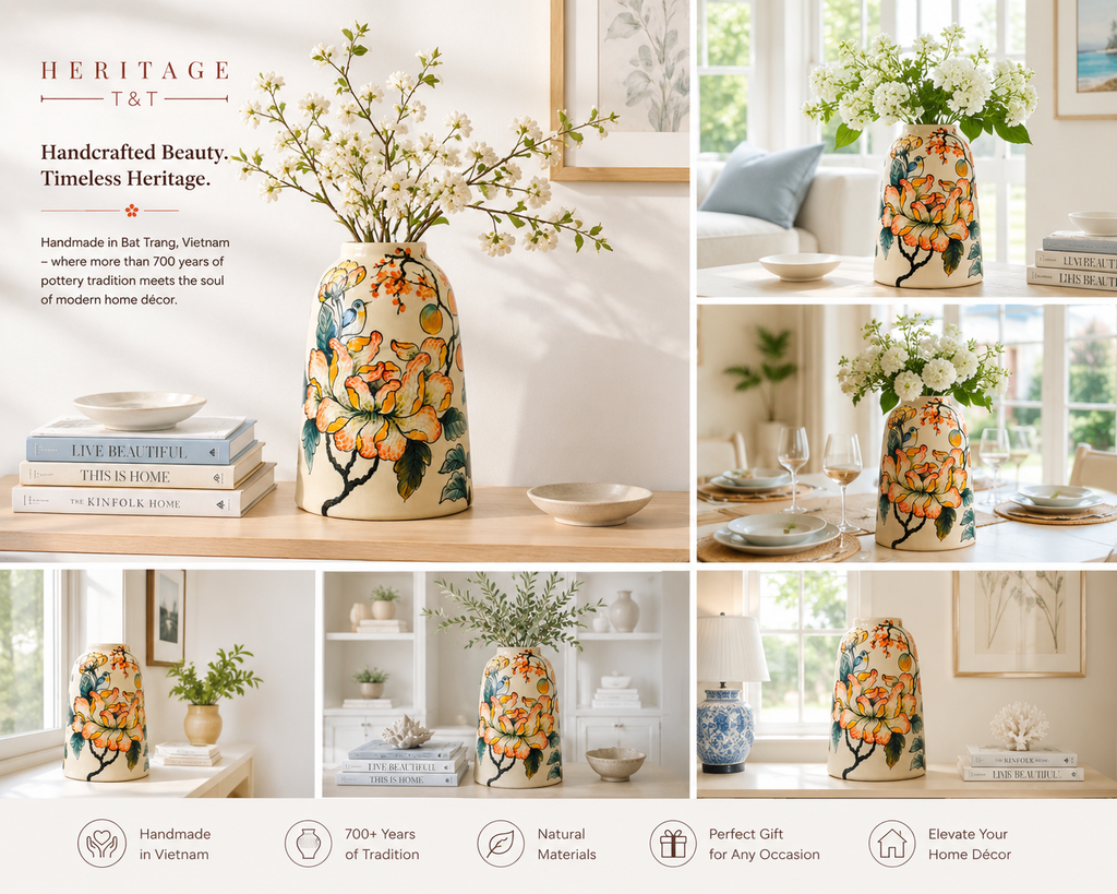 Handmade Mosaic Ceramic Vase – Flower Design  – 31.5 cm (12.4 in) – Home Décor – Heritage T&T Mosaic Collection – Bat Trang Vietnam