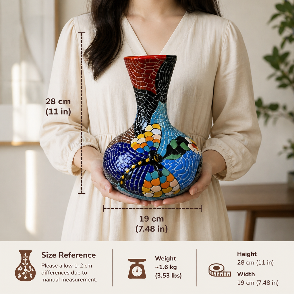 Handmade Mosaic Ceramic Vase – Dragonfly Design  – 28 cm (11 in) – Home Décor – Heritage T&T Mosaic Collection – Bat Trang Vietnam