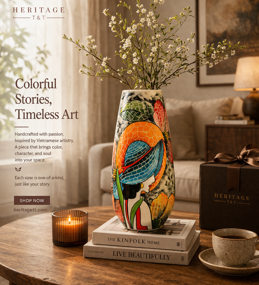Handmade Mosaic Ceramic Vase – Lady Design  – 29 cm (11.4 in) – Home Décor – Heritage T&T Mosaic Collection – Bat Trang Vietnam