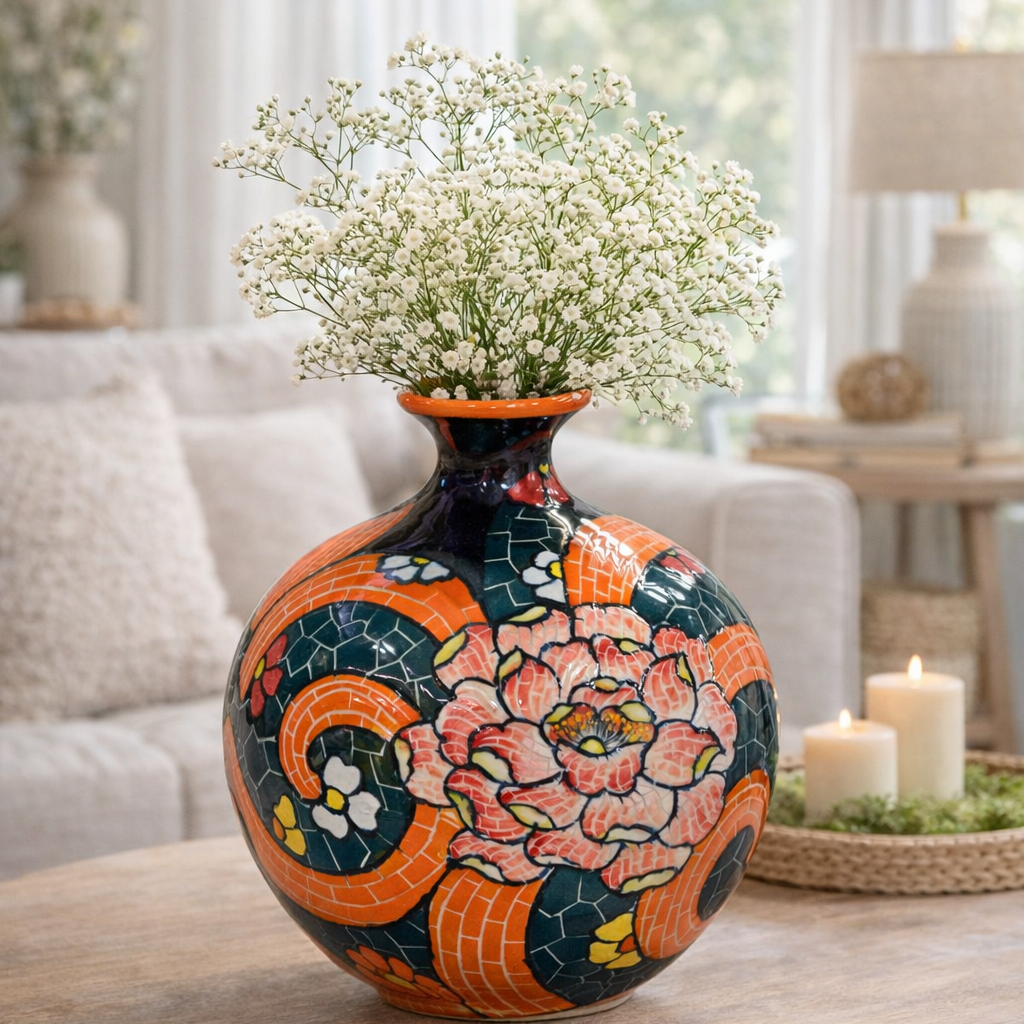 Handmade Mosaic Ceramic Vase – Flower Design  – 25 cm (9.8 in) – Home Décor – Heritage T&T Mosaic Collection – Bat Trang Vietnam