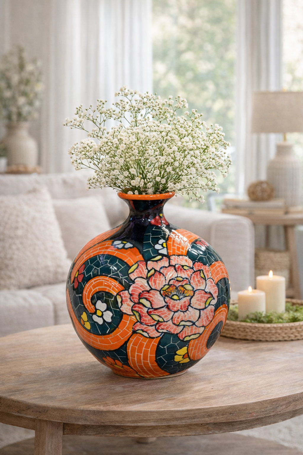 Handmade Mosaic Ceramic Vase Chrysanthemum Design 25 cm Bat Trang Pottery Hand Painted Home Decor HERITAGE T&T