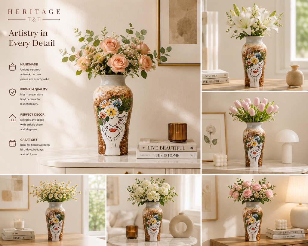 Handmade Mosaic Ceramic Vase – Lady Design  – 26 cm (10.2 in) – Home Décor – Heritage T&T Mosaic Collection – Bat Trang Vietnam
