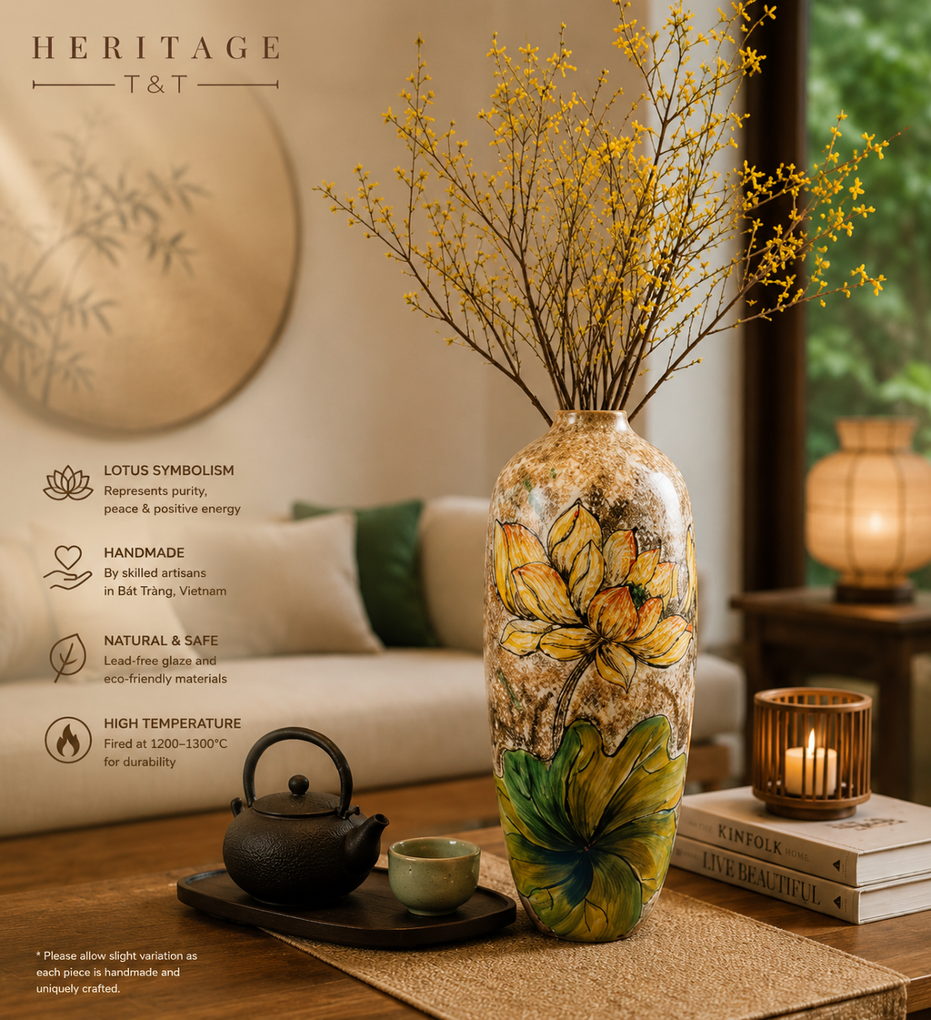 Handmade Mosaic Ceramic Vase – Lotus Design  – 40 cm (15.7 in) – Home Décor – Heritage T&T Mosaic Collection – Bat Trang Vietnam