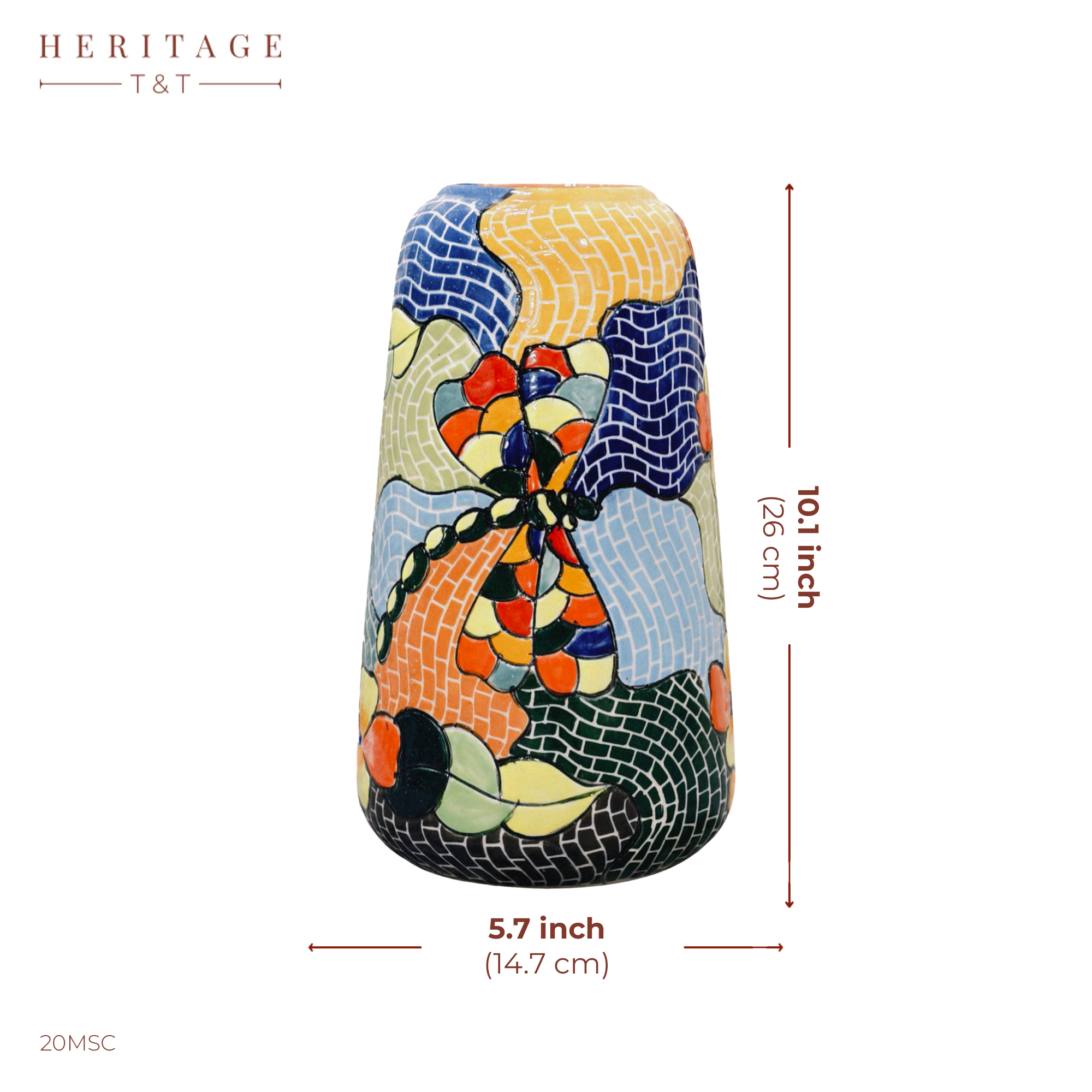 Handmade Mosaic Ceramic Vase – Dragonfly Design  – 26 cm (10.2 in) – Home Décor – Heritage T&T Mosaic Collection – Bat Trang Vietnam