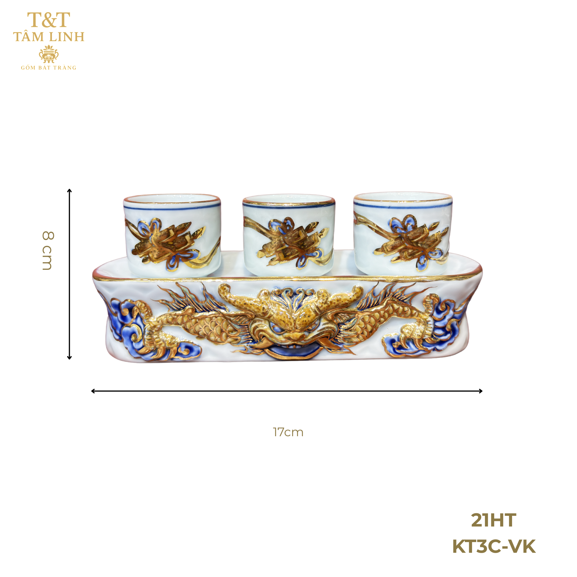 Heritage T&T Ritual Cup Stand Set Altar Tâm An Hand-Painted Golden Motif  – 1 Set – Bat Trang Handmade Vietnam