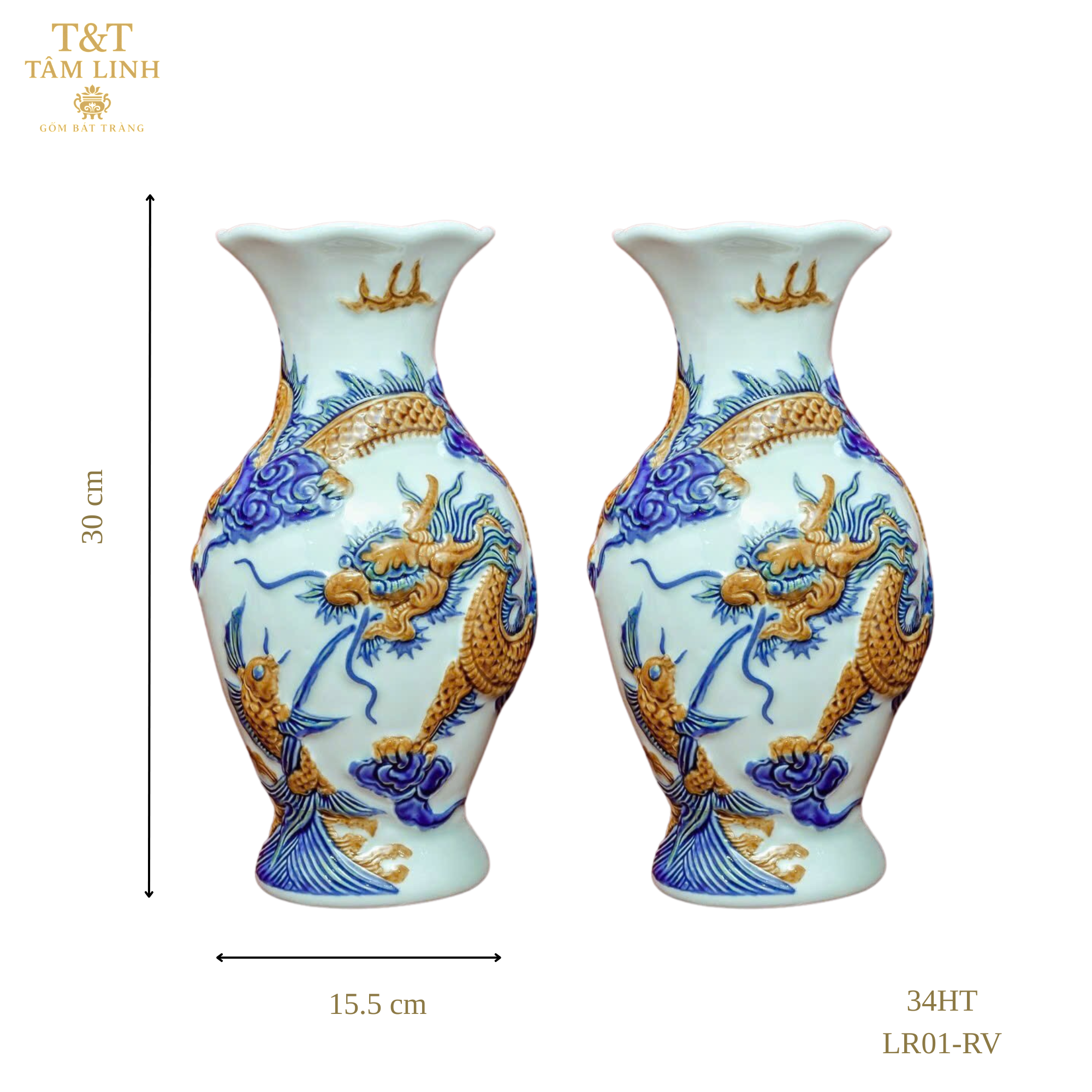 Heritage T&T Dragon Flower Vase Altar Tâm An blue Glaze  – 1 Pair – Bat Trang Handmade Vietnam (Copy)
