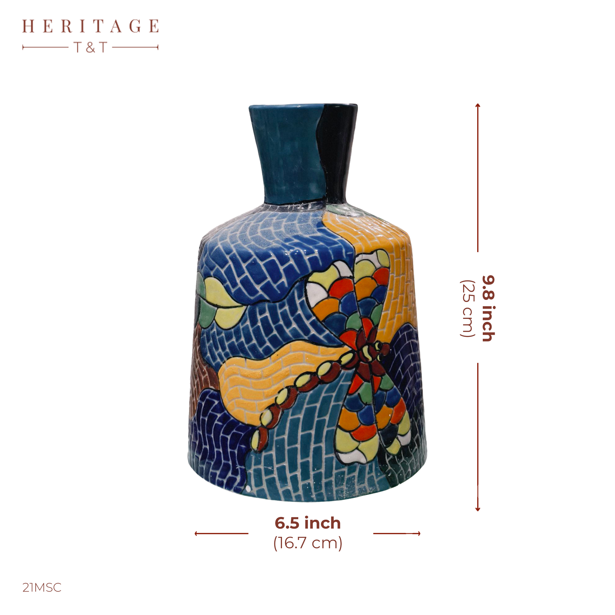 Handmade Mosaic Ceramic Vase – Dragonfly Design  – 25 cm (9.8 in) – Home Décor – Heritage T&T Mosaic Collection – Bat Trang Vietnam