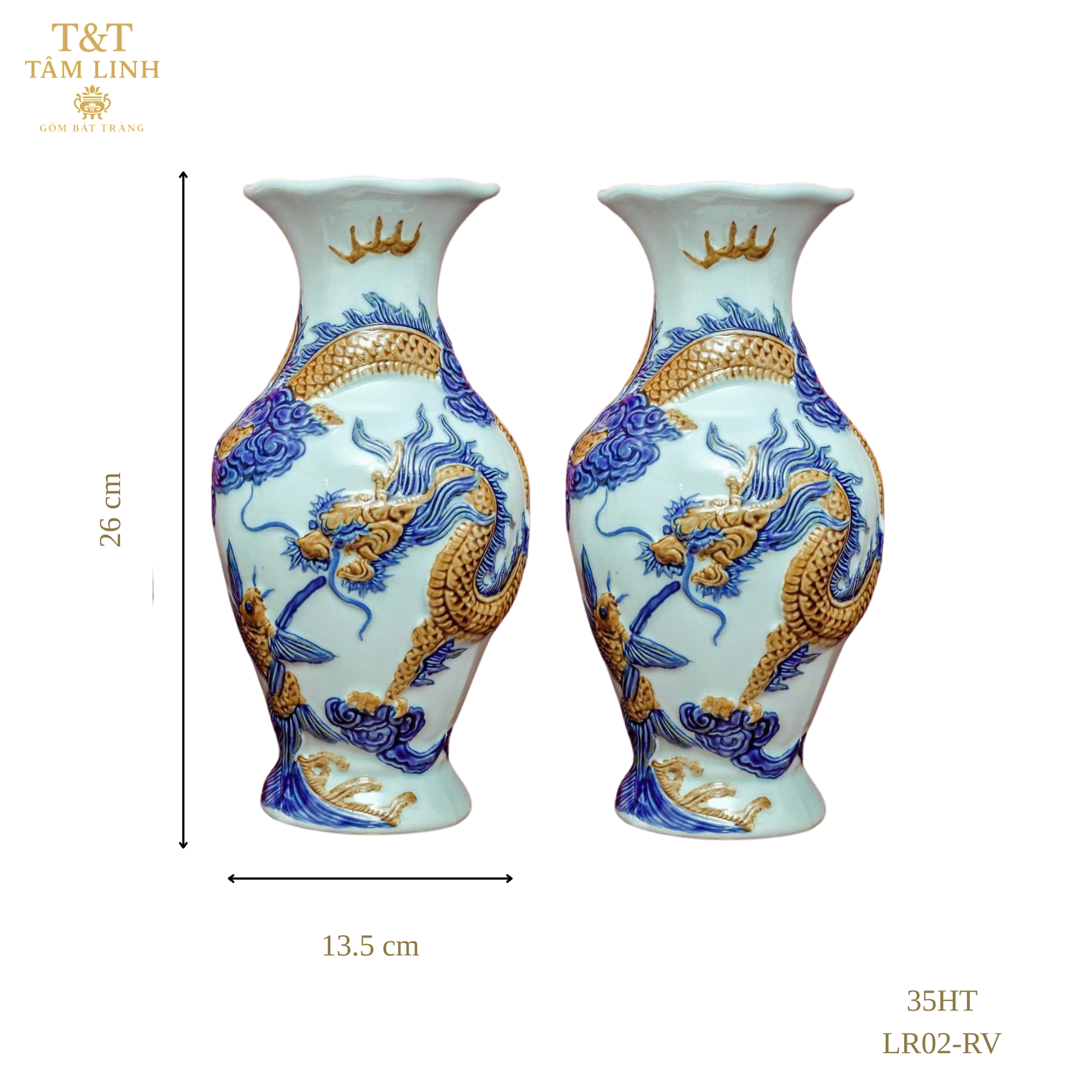 Heritage T&T Dragon Flower Vase Altar Tâm An blue Glaze  – 1 Pair – Bat Trang Handmade Vietnam (Copy)