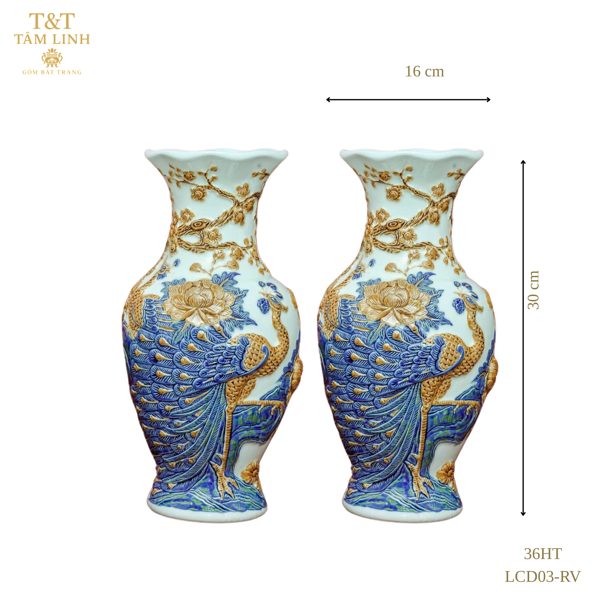 Heritage T&T Peach Flower Vase Altar Tâm An  – 1 Pair – Bat Trang Handmade Vietnam
