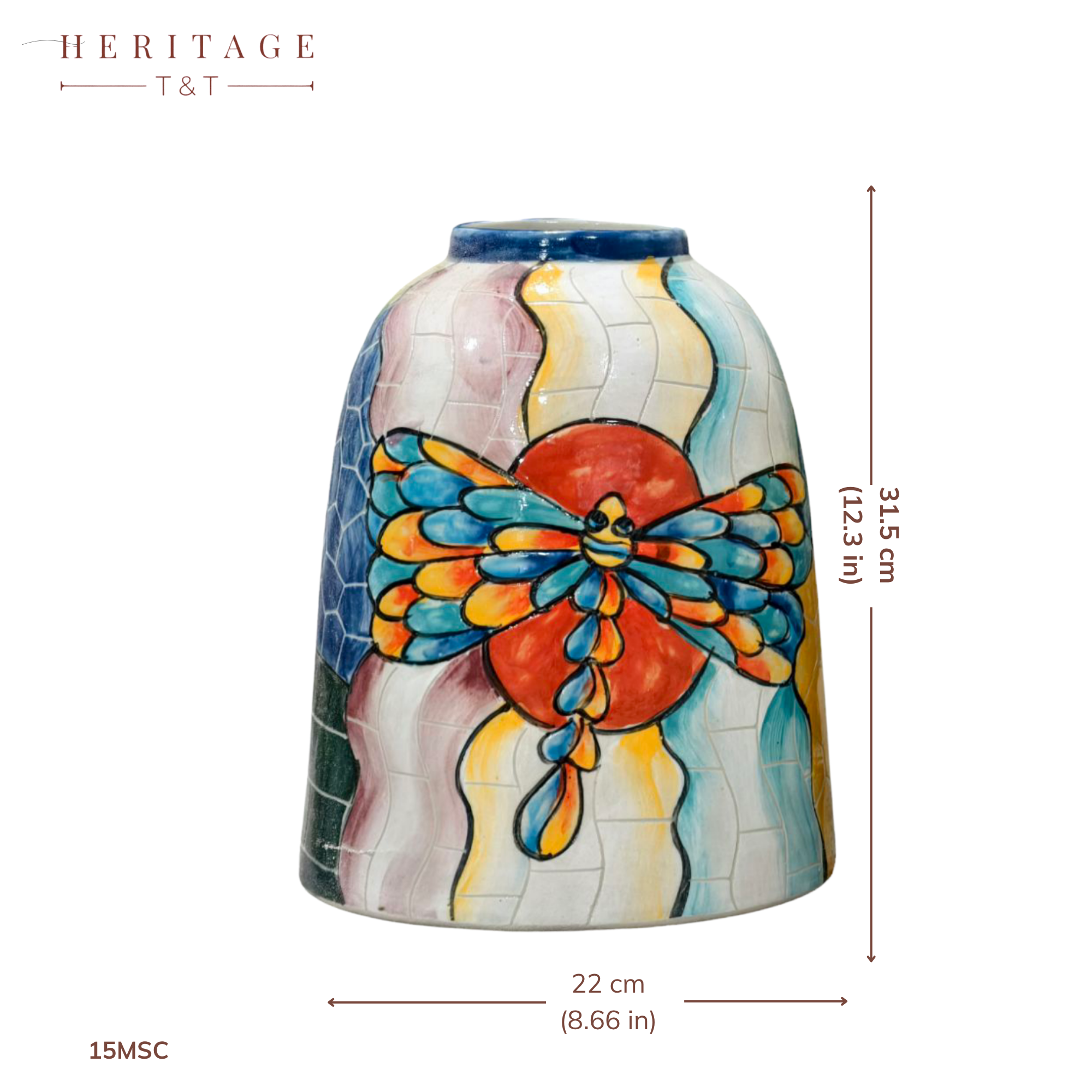 Handmade Mosaic Ceramic Vase – Dragonfly Design  – 20 cm (7.9 in) – Home Décor – Heritage T&T Mosaic Collection – Bat Trang Vietnam