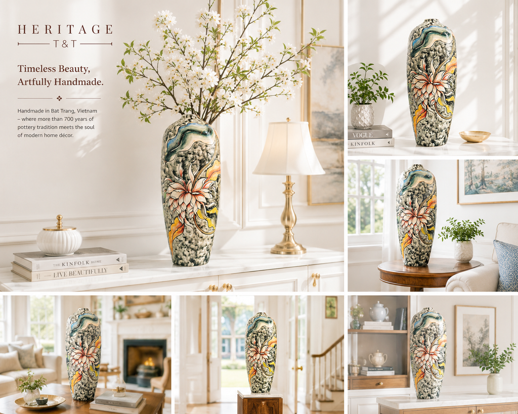 Handmade Mosaic Ceramic Vase – Artisan Design  – 40 cm (15.7 in) – Home Décor – Heritage T&T 3D Collection – Bat Trang Vietnam