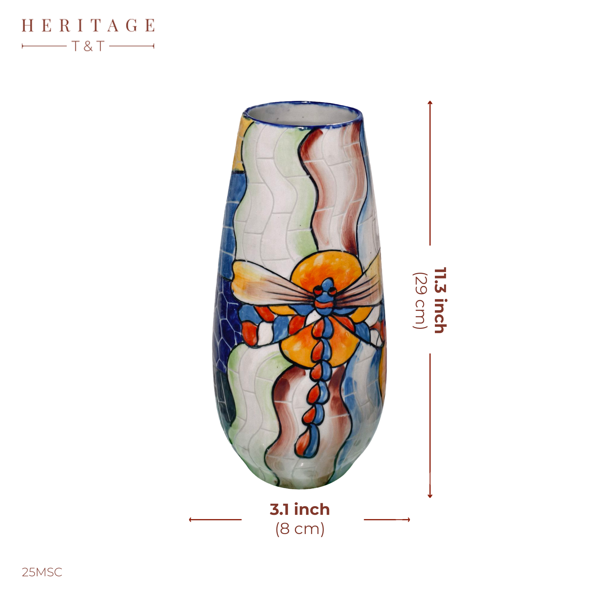 Handmade Mosaic Ceramic Vase – Dragonfly Design  – 29 cm (11.4 in) – Home Décor – Heritage T&T Mosaic Collection – Bat Trang Vietnam