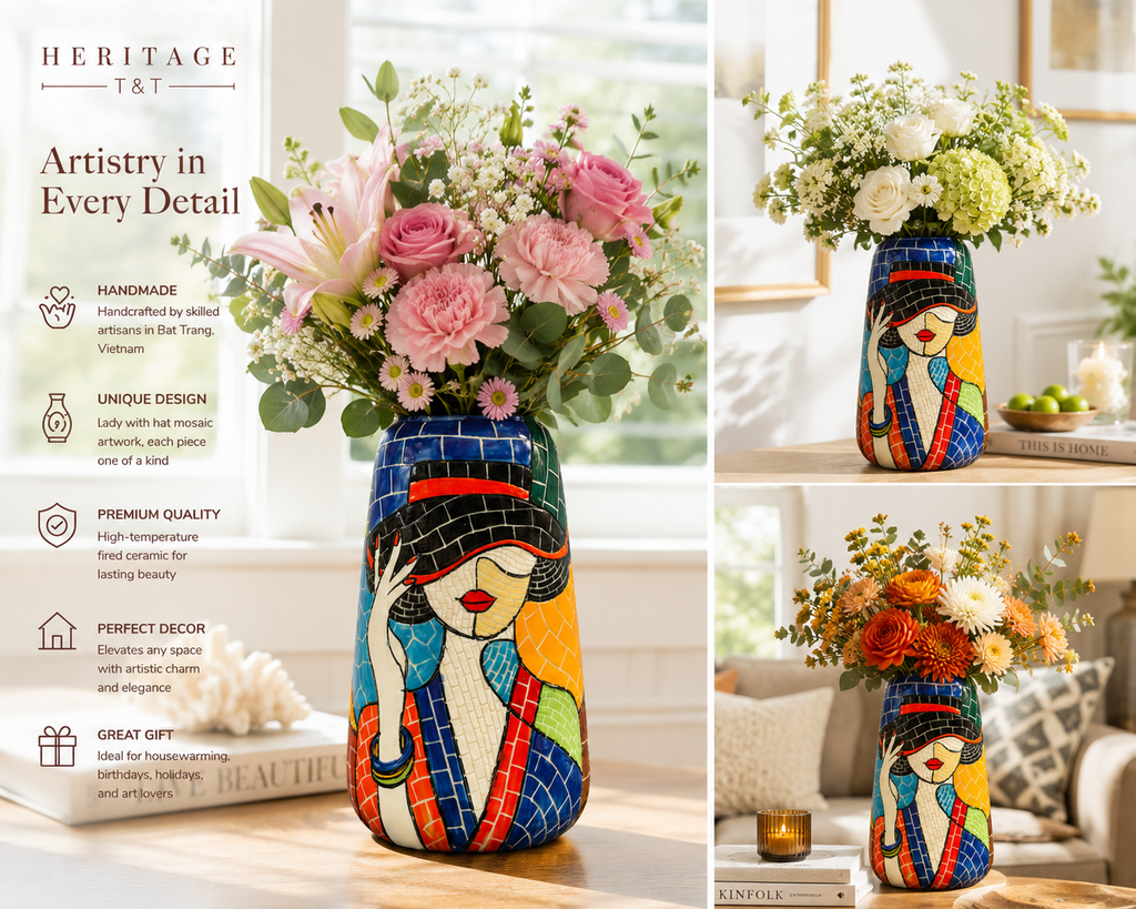 Handmade Mosaic Ceramic Vase – Lady Design  – 30 cm (11.8 in) – Home Décor – Heritage T&T Mosaic Collection – Bat Trang Vietnam