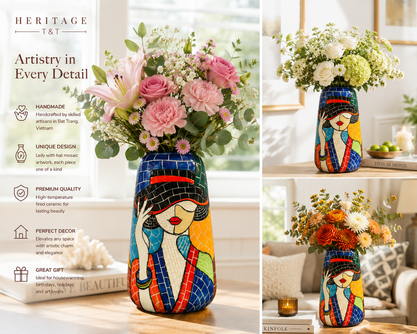 Handmade Mosaic Ceramic Vase – Lady Design  – 30 cm (11.8 in) – Home Décor – Heritage T&T Mosaic Collection – Bat Trang Vietnam